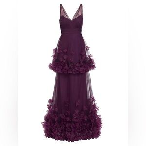 MARCHESA NOTTE V-neck Tiered Gown in Tulle Maxi Floral Dress
